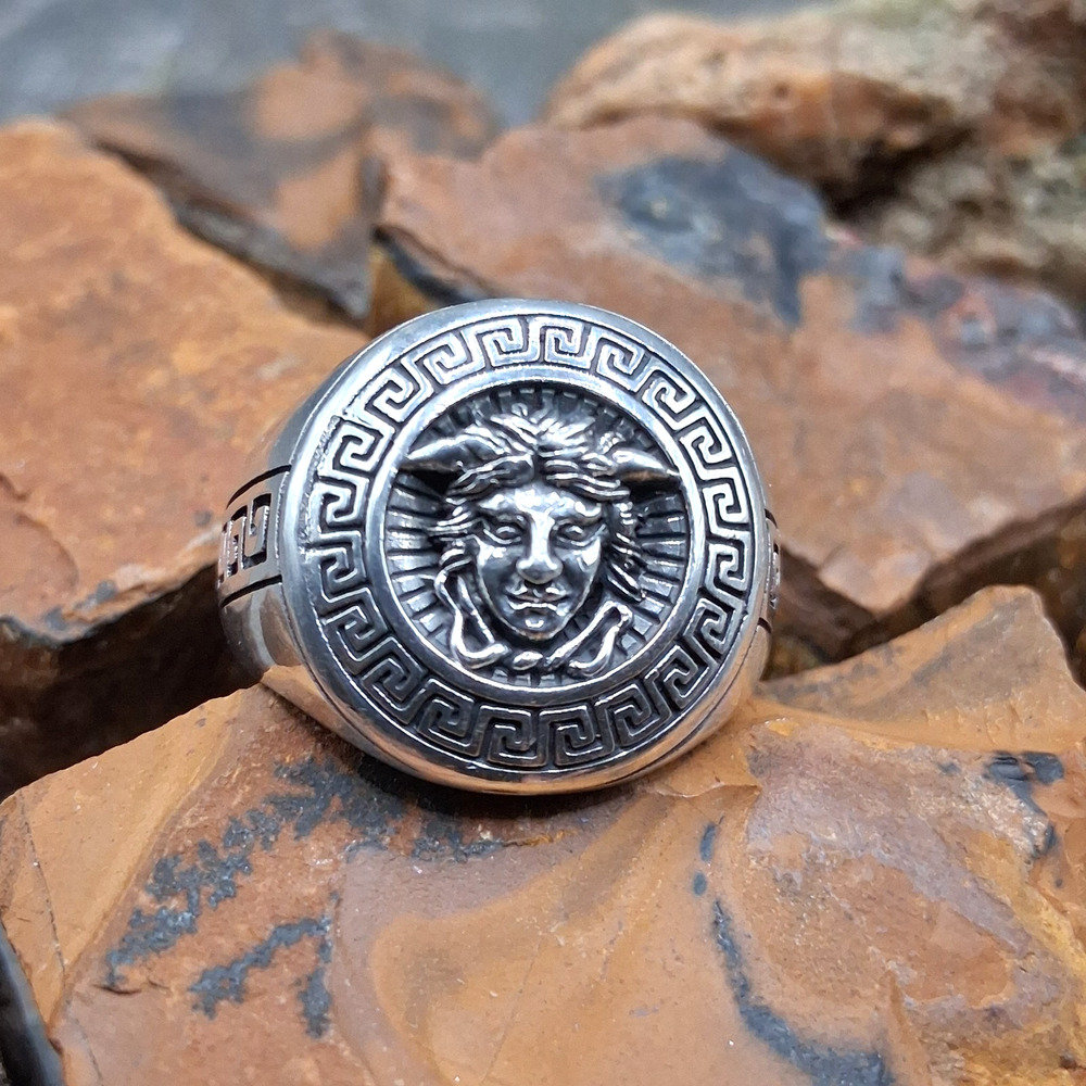 Sterling Silver Men's Medusa Greek Key Ring Size 12 Statement Signet Style